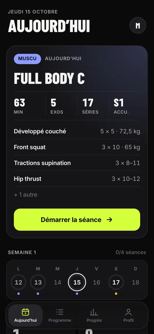 Écran Aujourd'hui : séance Full body C, 63 minutes, exercices et charges, bouton Démarrer la séance.