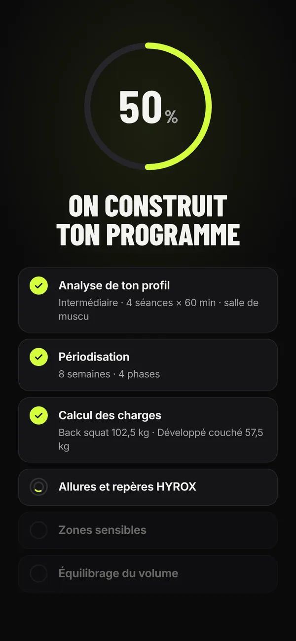 Écran « On construit ton programme » : analyse du profil, périodisation, calcul des charges.
