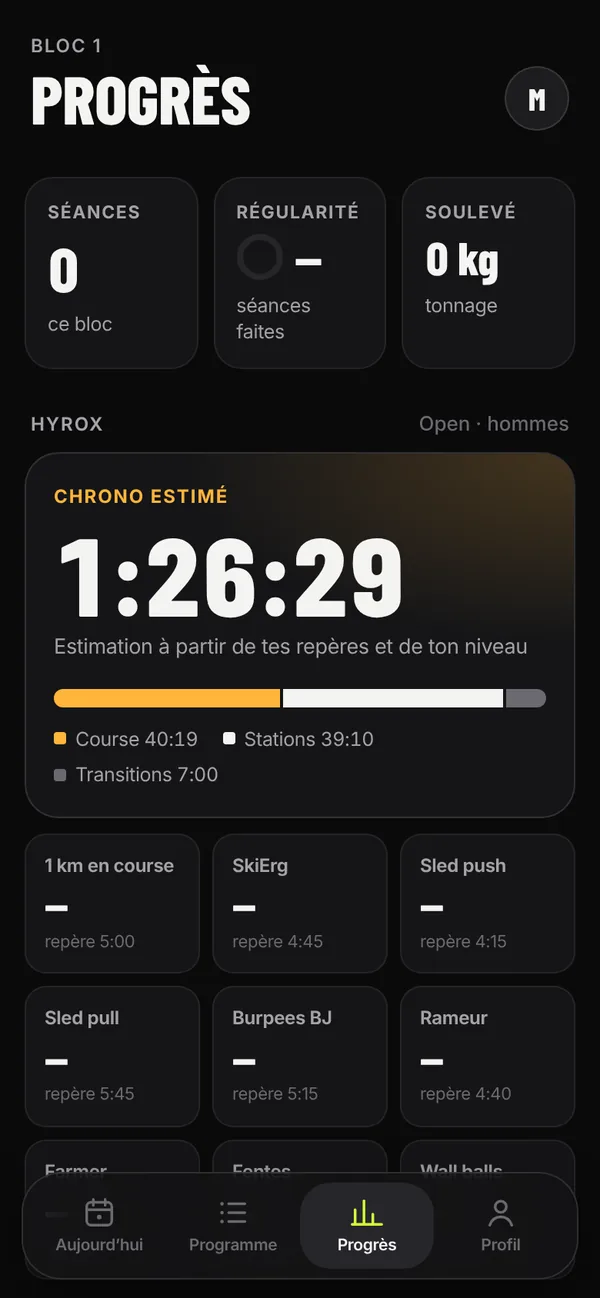 Écran Progrès : chrono HYROX estimé à 1:26:29, répartition course, stations et transitions.